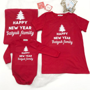 Набір сімейних новорічних футболок "Happy New year" іменний family червоний